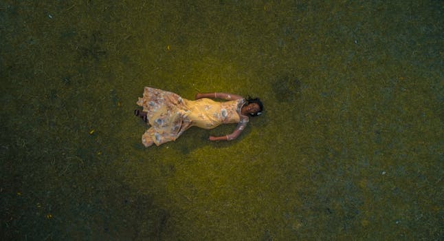 Aerial shot of woman in floral dress lying on grass outdoors.