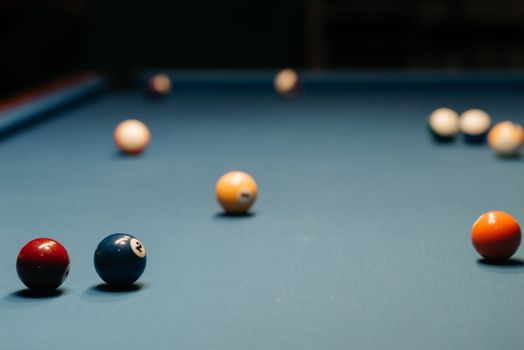 Close-up of a billiard table with colorful balls, showcasing depth of field.