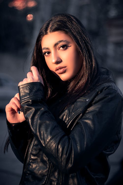 Shallow Focus of a Beautiful Woman in Black Leather Jacket 