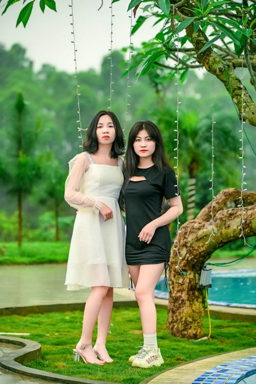 Free Women Wearing Dresses Posing Near a Tree Stock Photo