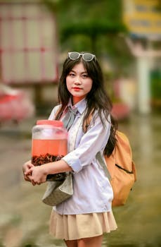 Asian woman standing outdoors with a jar, wearing sunglasses and a backpack.