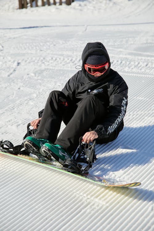 Free Man in Black Jacket Riding a Snowboard Stock Photo