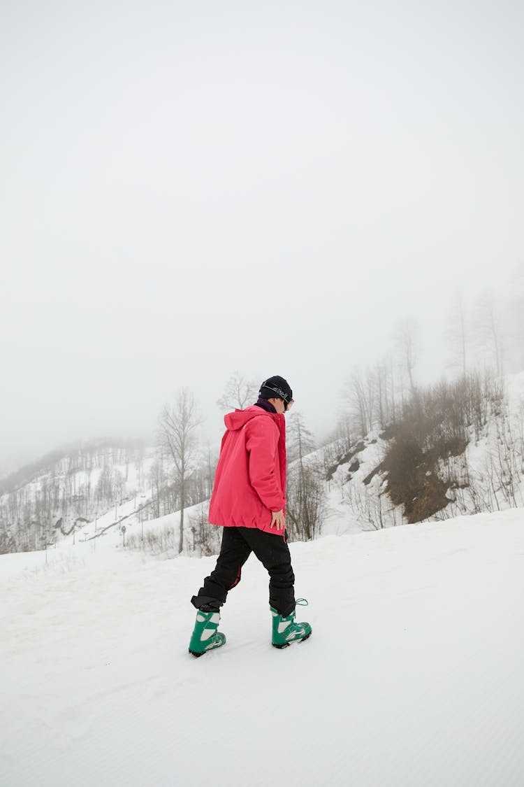 Man Walking In Snowy Mountain Scenery