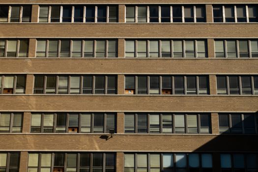 Brick building facade with repetitive windows, showcasing urban architecture.