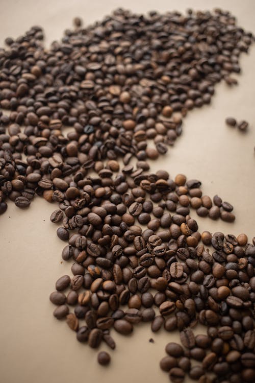 High angle of coffee beans placed in abstract shape on beige surface
