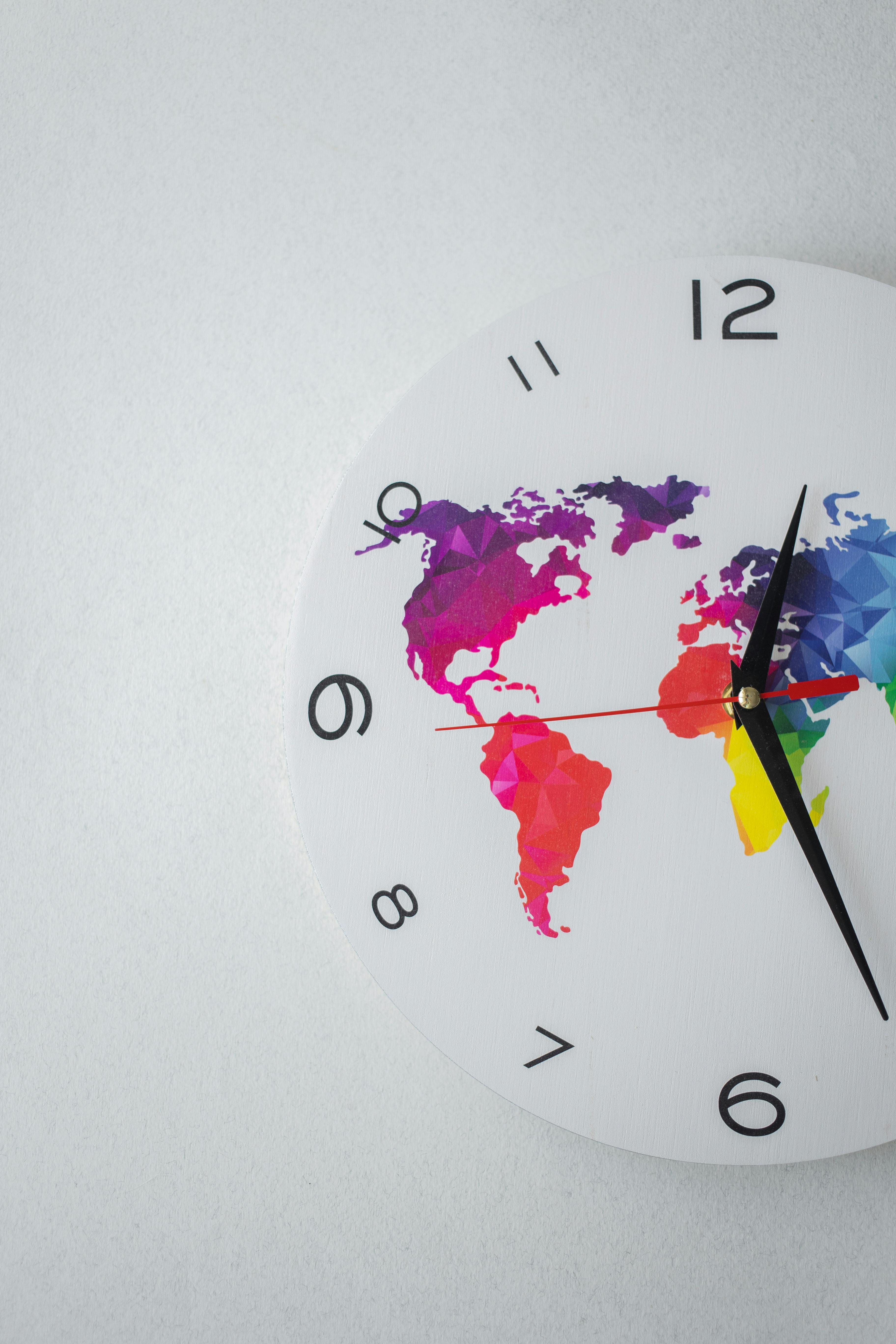 clock with colorful world continents