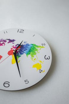 Vibrant world map clock with bold colors, ideal for global decor themes.