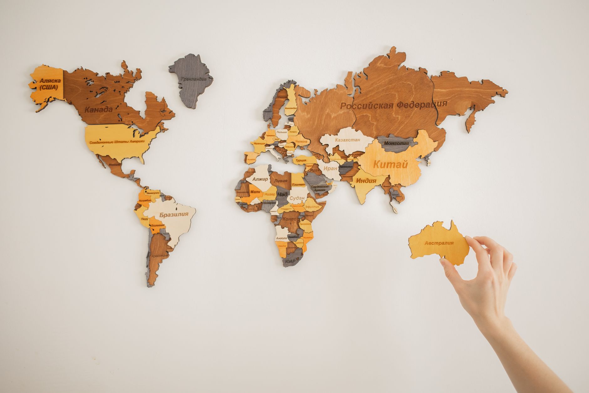 Crop anonymous traveler attaching segment of wooden world continents with country names with hand on white background in light room