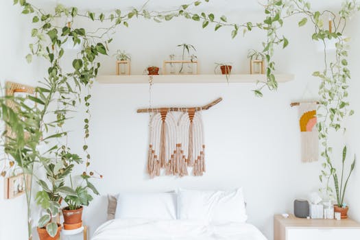 A serene bedroom adorned with hanging plants, minimalist decor, and a cozy ambiance.