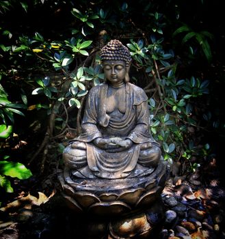 Serene Buddha statue surrounded by lush greenery in a peaceful garden.