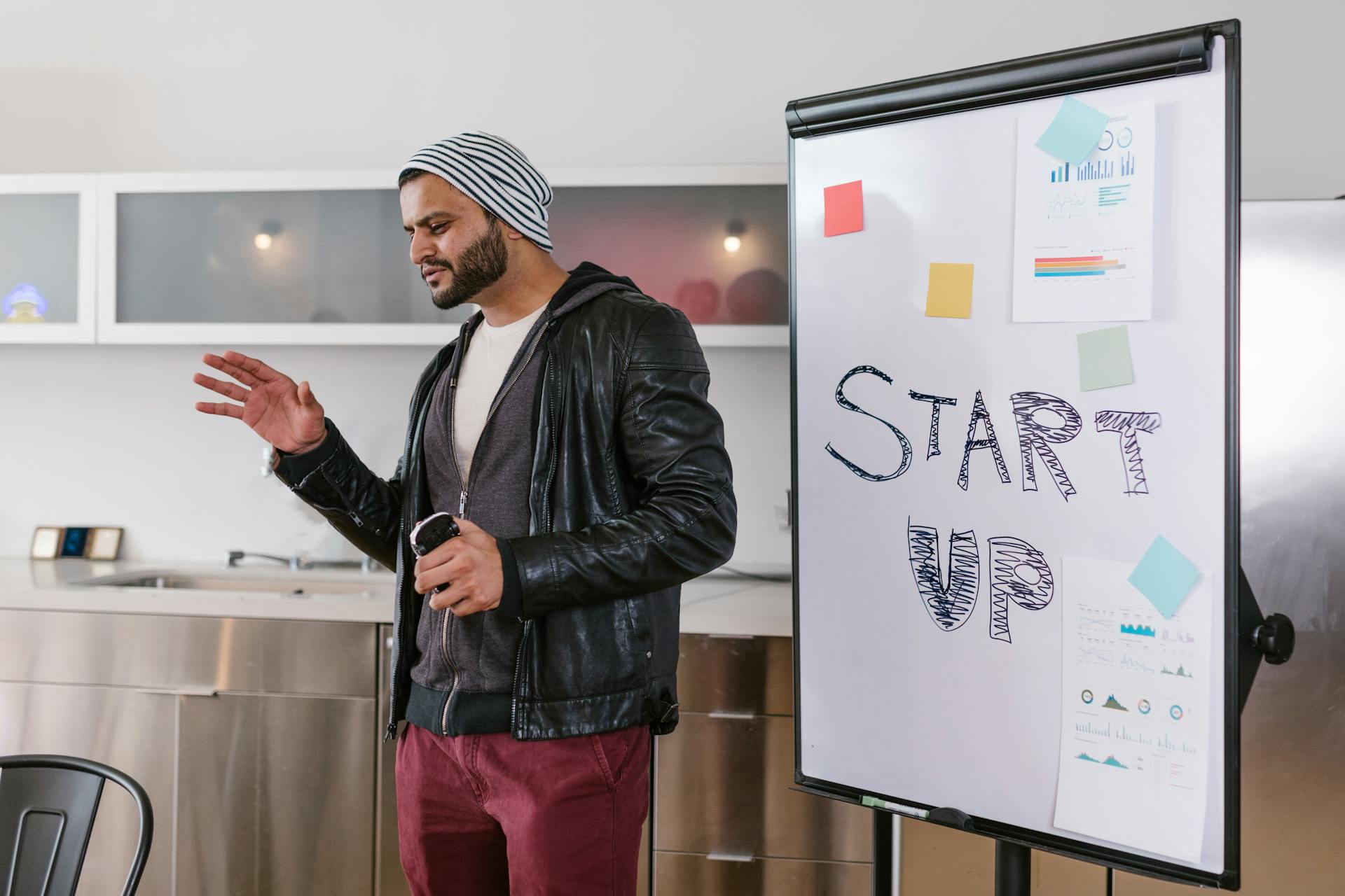 A bearded man presenting a startup business plan indoors using a whiteboard.