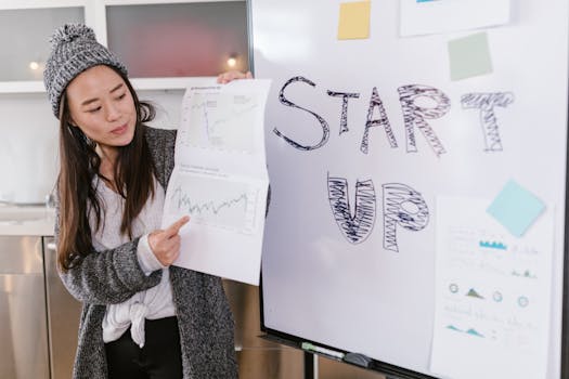 Asian woman presenting business growth charts during a startup pitch indoors.