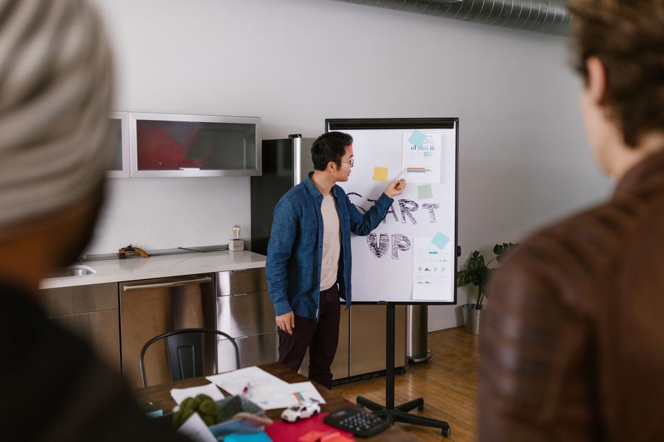 Startup team discussing a business plan around a whiteboard