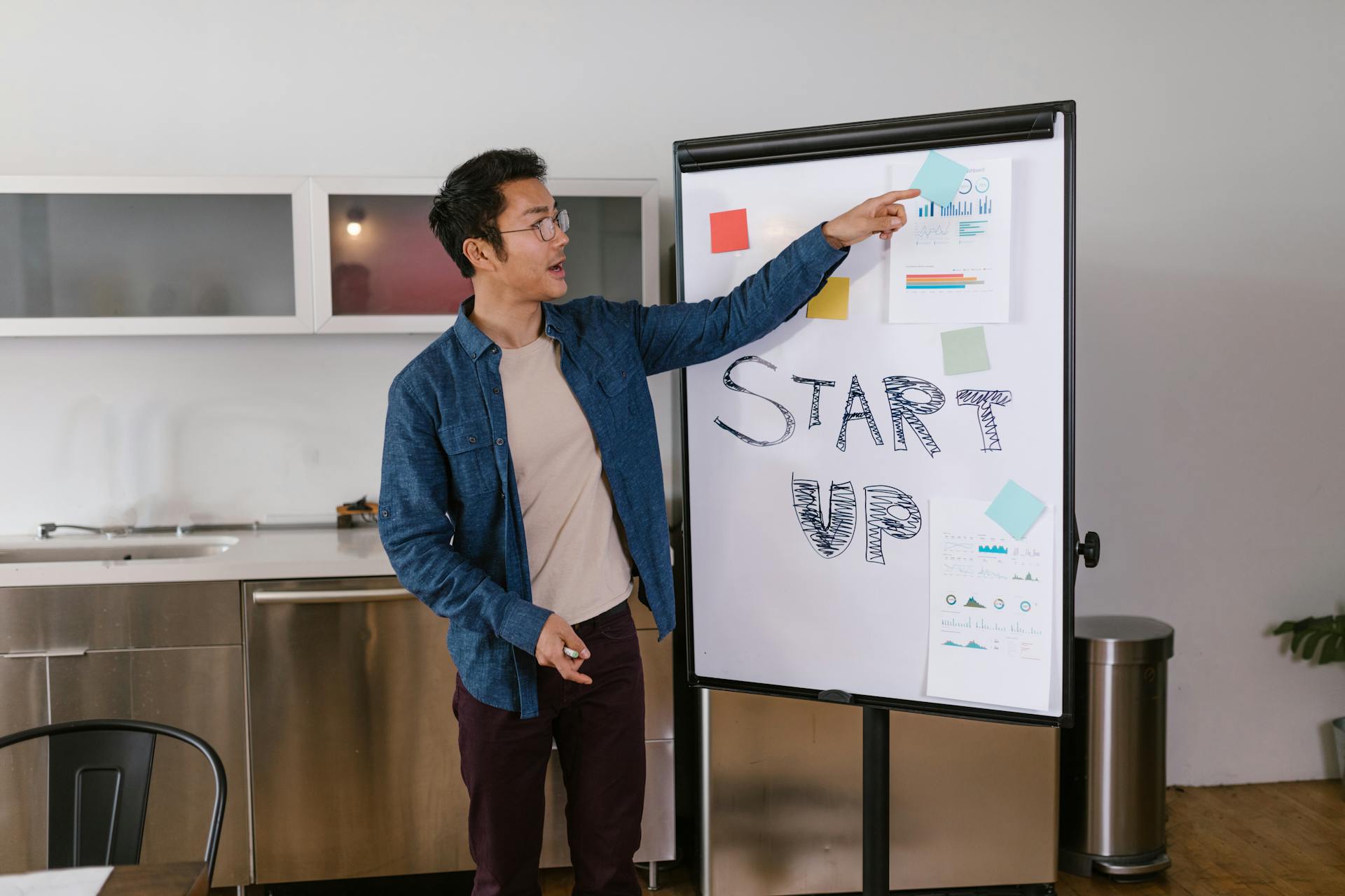 Man presenting a startup plan on a whiteboard in a modern office setting.