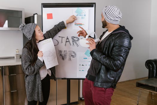 Two young adults presenting startup business ideas on a flipchart indoors.
