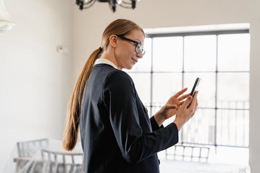 Professional woman in a black blazer using her smartphone inside a modern apartment.