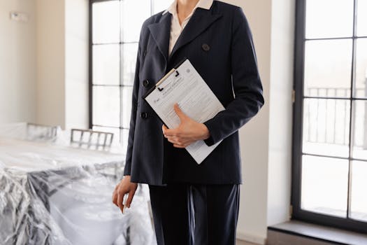 Professional real estate agent holding documents in a sunlit room, symbolizing success and transactions.