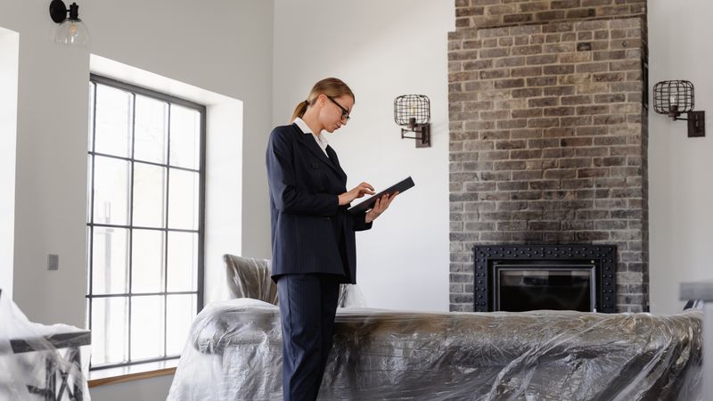 A contractor holding a tablet reviewing utility bills next to a smart thermostat
