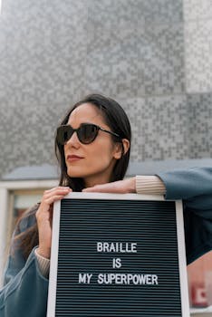 Woman with sunglasses holding sign reading 'Braille is my superpower' outdoors.
