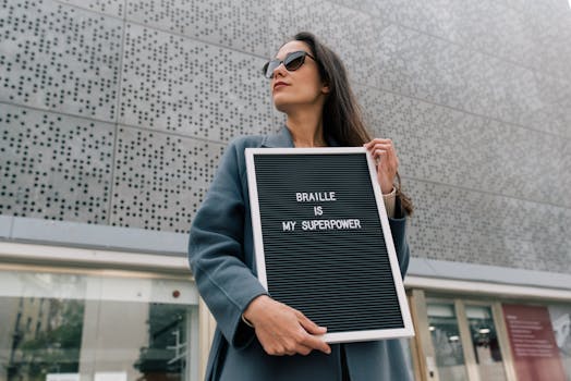 Woman in sunglasses holding a sign saying 'BRAILLE IS MY SUPERPOWER' outdoors.