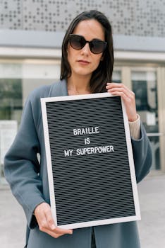 Woman with sunglasses holding sign with 'Braille is my superpower' text outdoors.