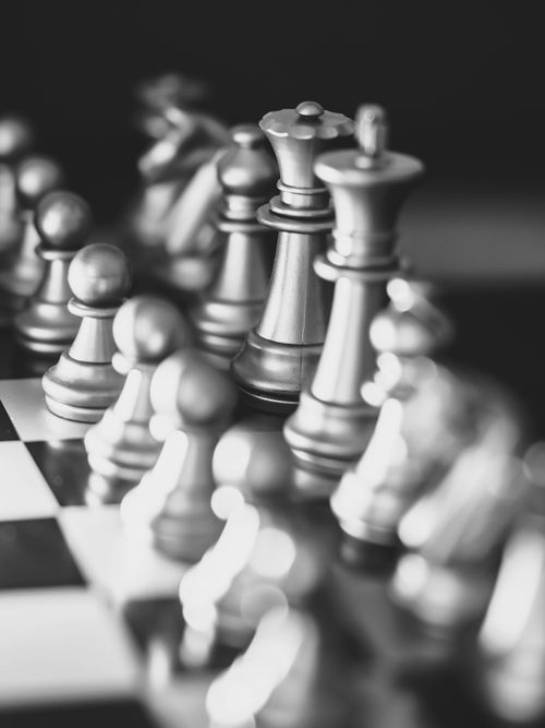 Free Close-up black and white photo of chess pieces with a focus on the queen and pawns. Stock Photo