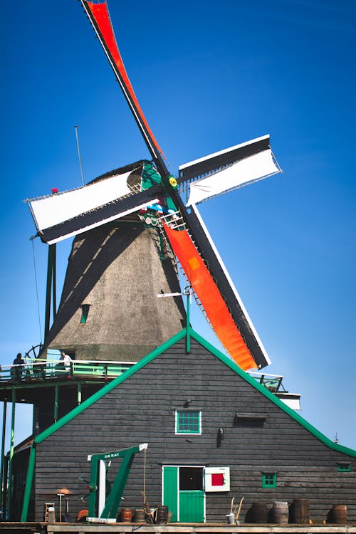 Traditional Wooden Windmill on Blue Sky