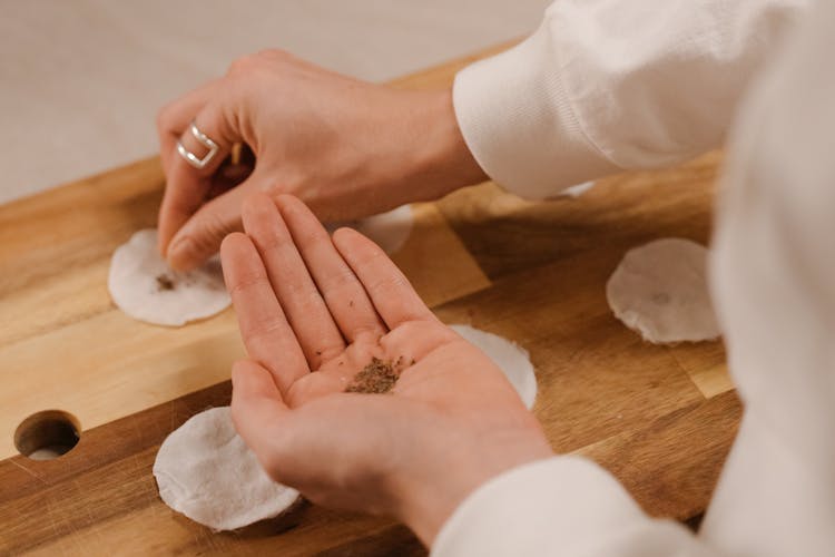 Woman Planting Seeds On Cotton Pads