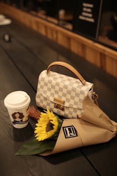 Stylish setup featuring a designer bag, coffee cup, and sunflower bouquet on a wooden table.