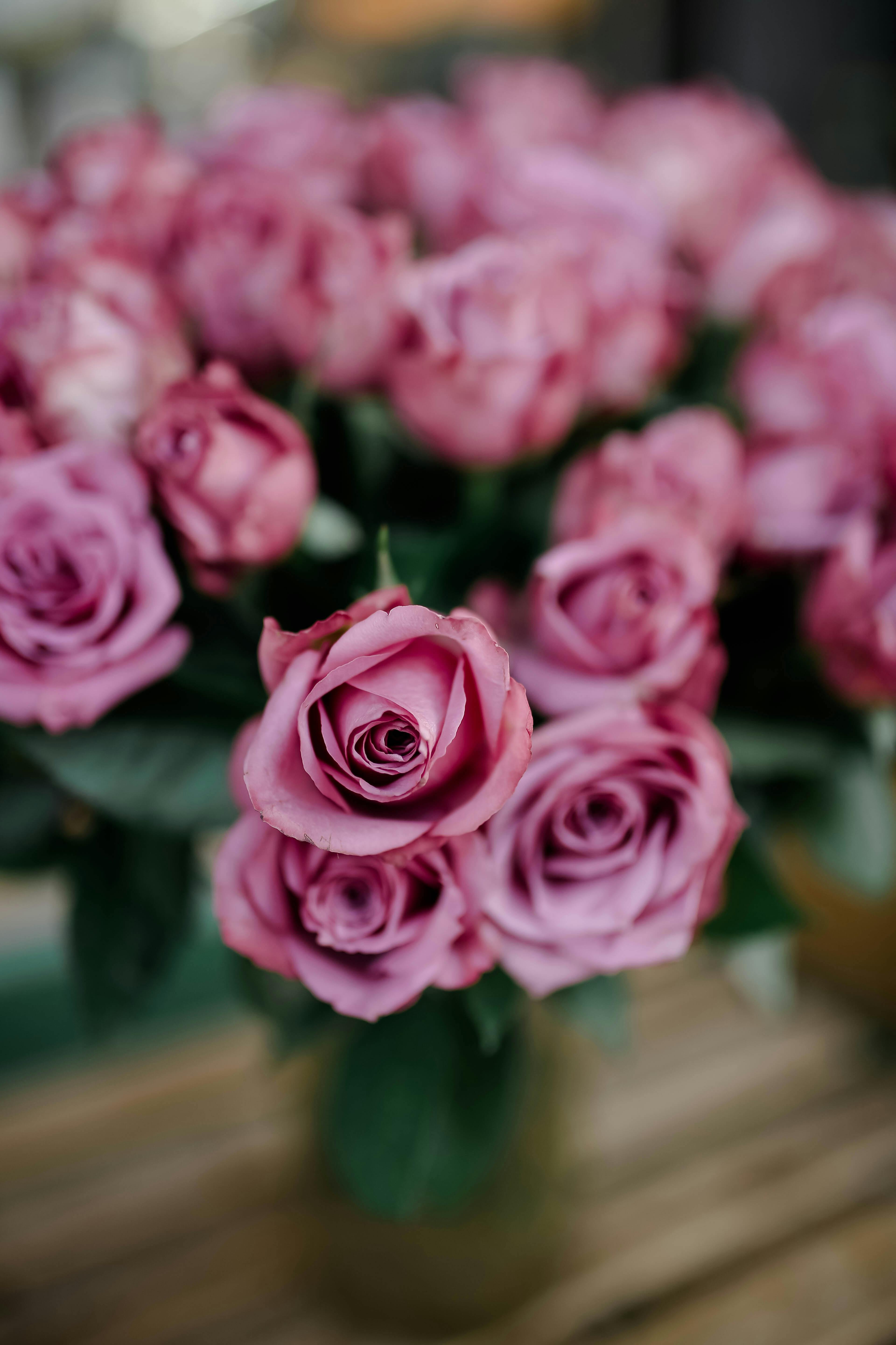 [ColoSach]-from-above-bouquet-of-roses-with-pink-petals-and-green-leaves-in-vase-placed-on-wooden-table-on-blurred-background
