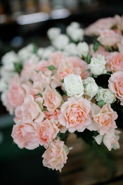 From above bouquet of bright tender roses with white and pink petals in vase placed on table on blurred background