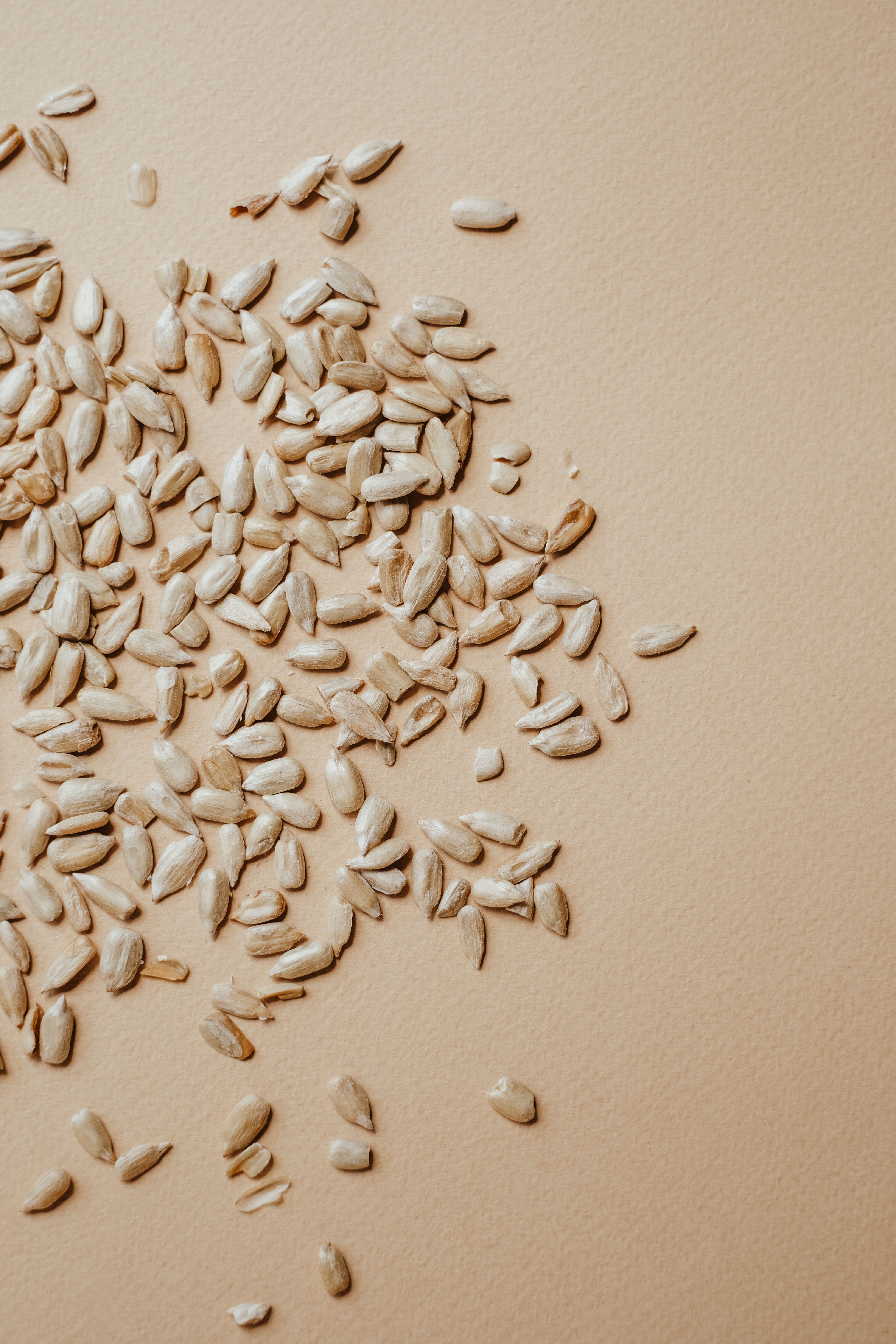 Sunflower seeds scattered on a textured beige background, offering ample copy space.