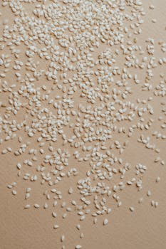 A close-up view of organic raw sesame seeds scattered on a surface, ideal for nutrition concepts.