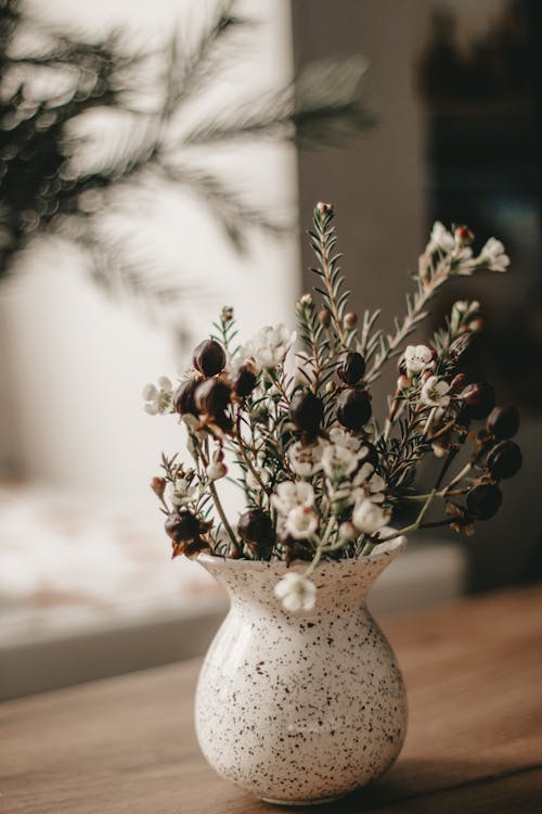 Bunch of tiny white waxflowers in ceramic vase placed on wooden table near window