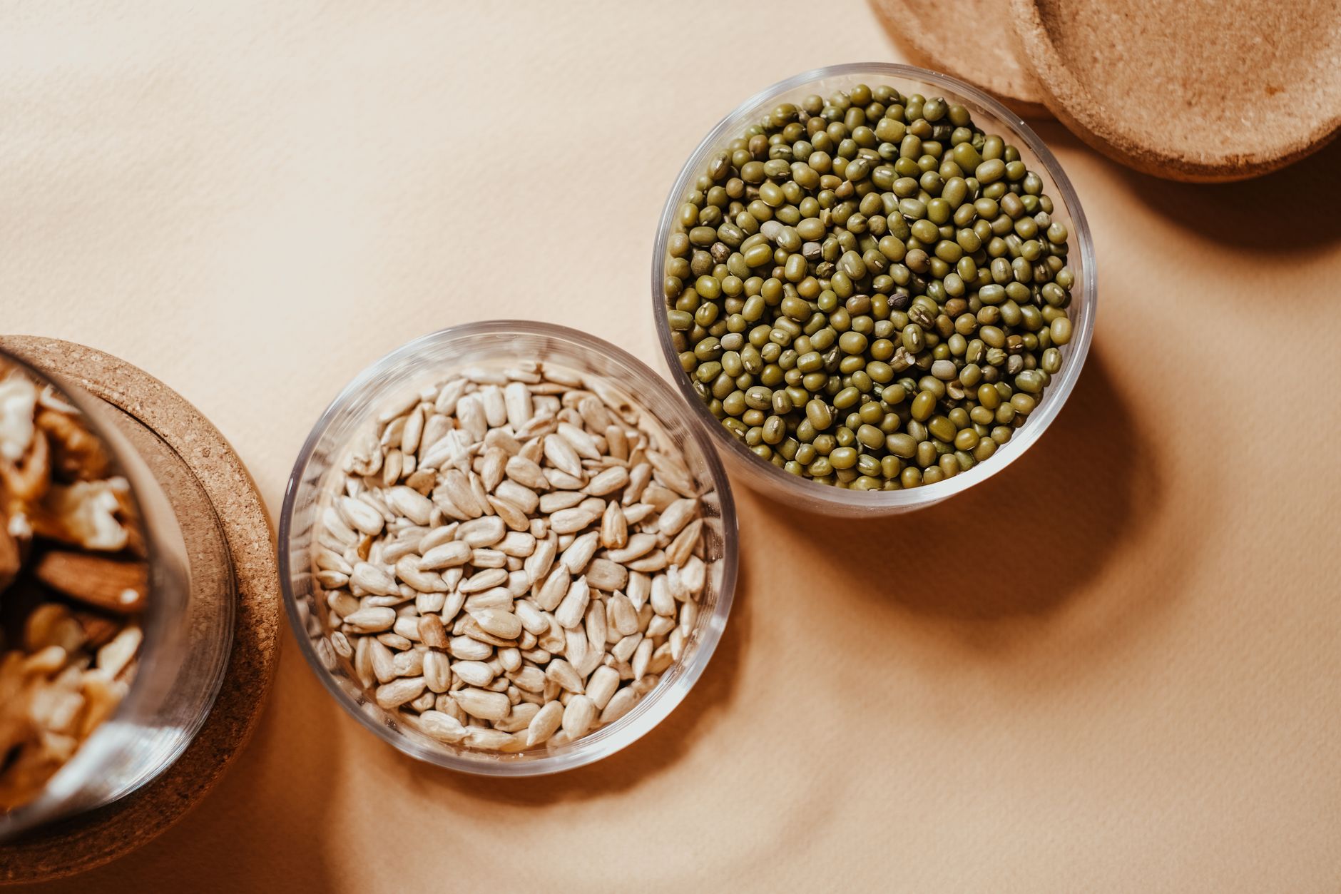 Glass bowls filled with mung beans and sunflower seeds on a neutral background.
