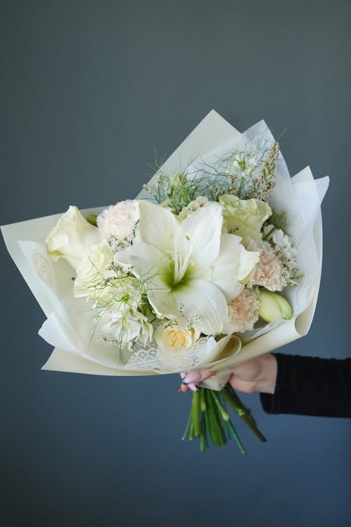 Free Crop unrecognizable person with bouquet of assorted white flowers wrapped in decorative paper standing on gray background in light room Stock Photo