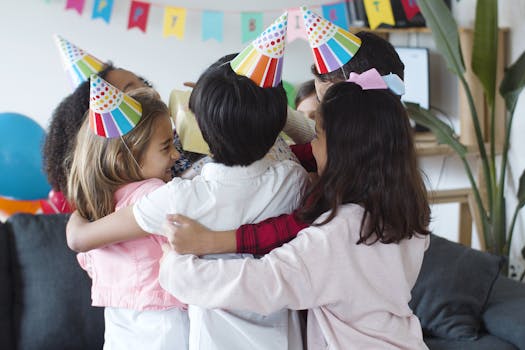 Group of cheerful kids hugging at a colorful birthday party indoors.