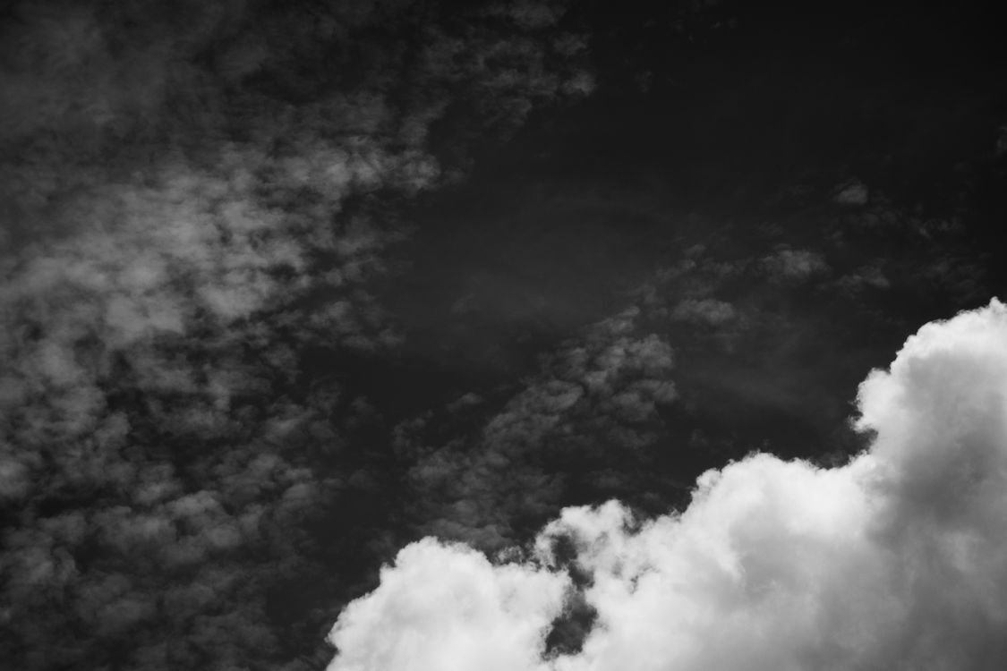 Free Black and white from below of fluffy cumulus clouds floating high in air on sky in nature on summer day Stock Photo