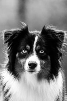 Black and white portrait of a border collie with intense eyes and fluffy fur.