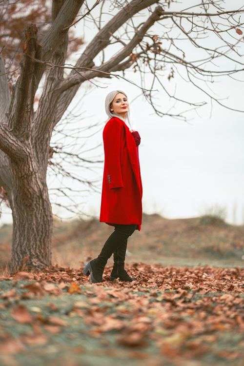 Free Elegant woman in a red coat standing near a leafless tree in an autumn landscape. Stock Photo