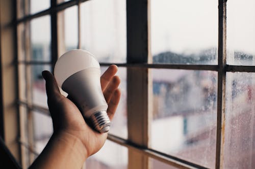Free Person holding electric light bulb near window Stock Photo