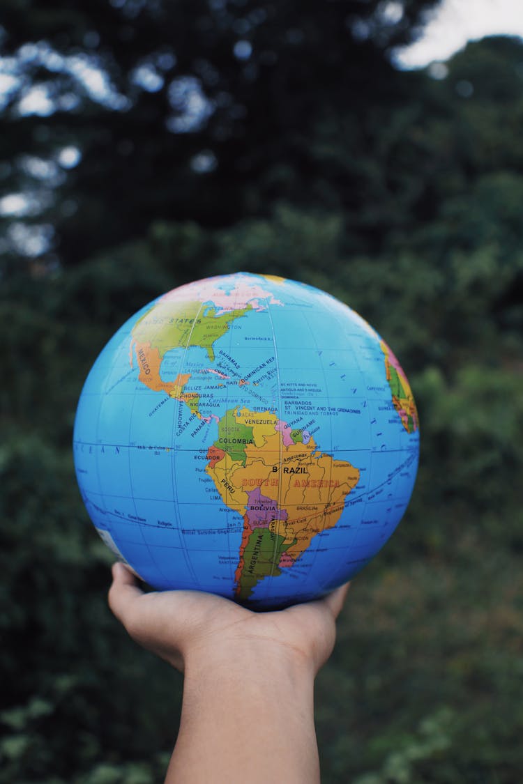 Person Holding Earth Globe In Hand Against Green Trees