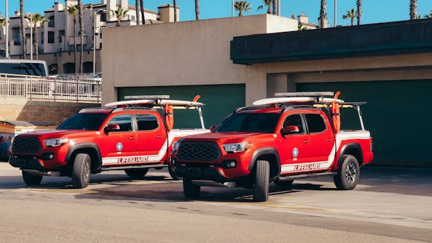 Two red lifeguard trucks parked on a sunny day near the beach.