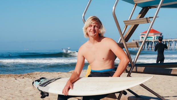 A shirtless man with a surfboard sits by the lifeguard tower at Huntington Beach Pier.