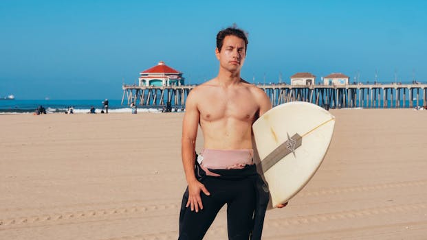 Young surfer at Huntington Beach showing off his surfboard on a sunny day.