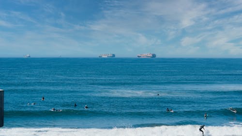 Free Surfers in the Ocean and Containers Ships on the Horizon Stock Photo