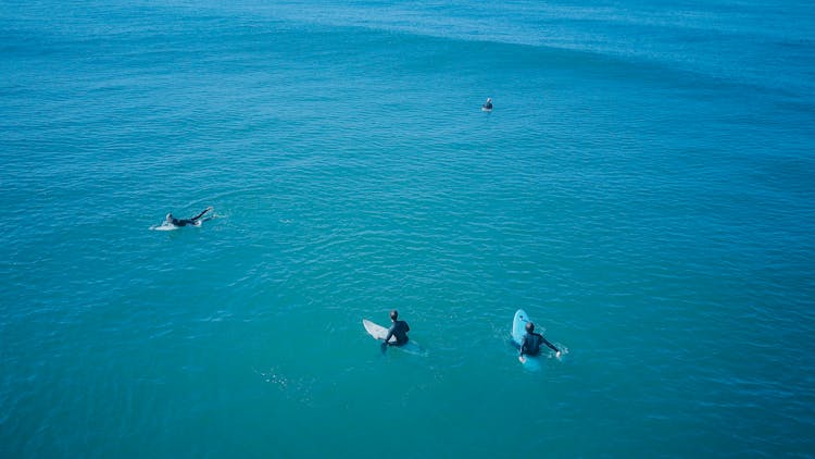 Surfers Paddling While On Their Surfboards