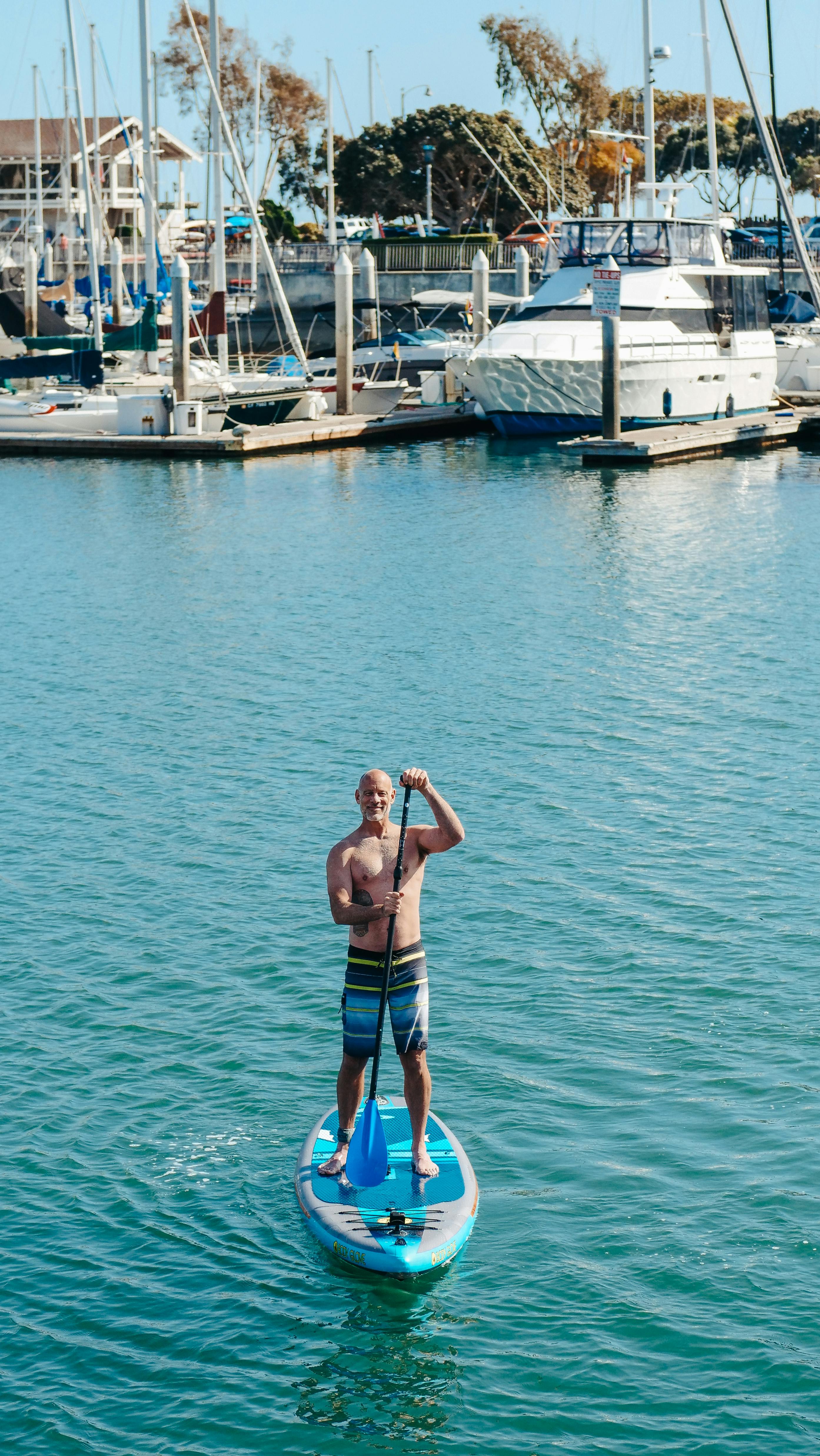 man in shorts standing on a paddleboard