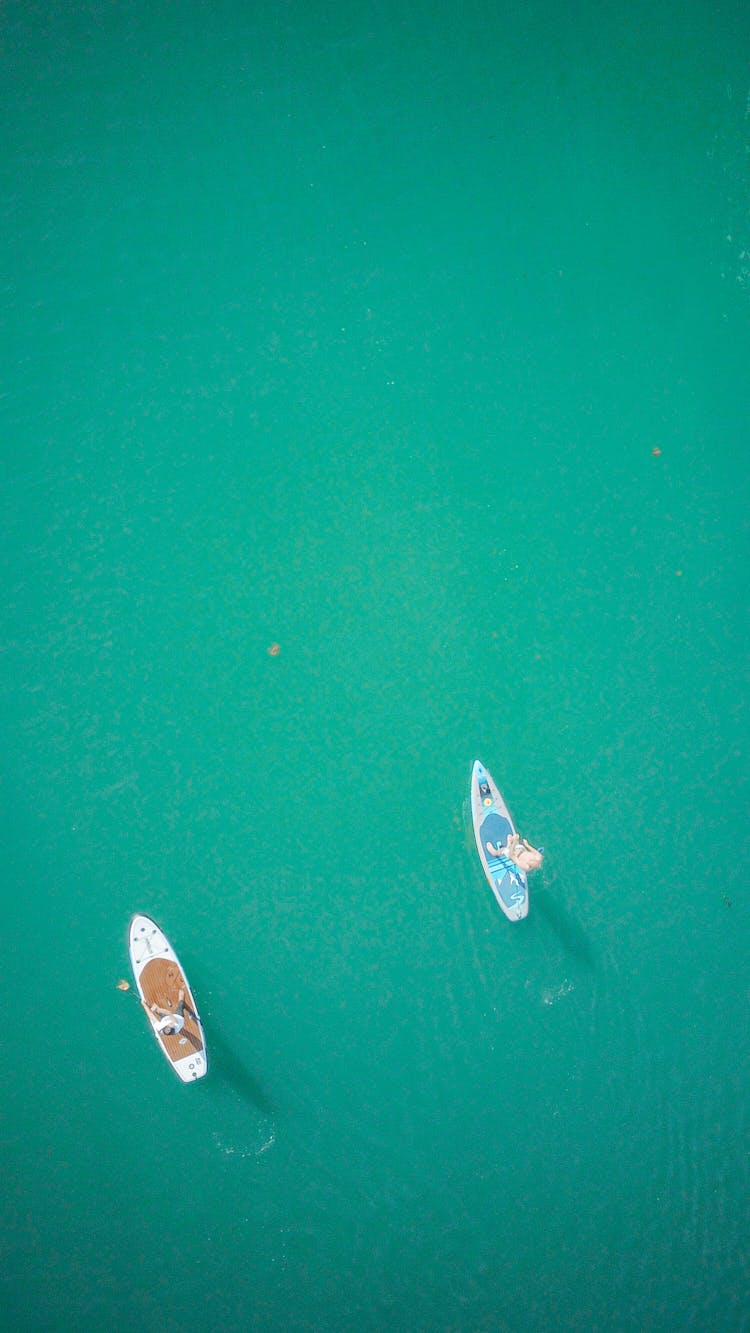 Aerial View Of Sup Boarders On Sea