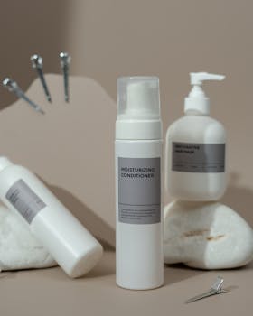 Elegant arrangement of moisturizing conditioner and other haircare products on neutral background.